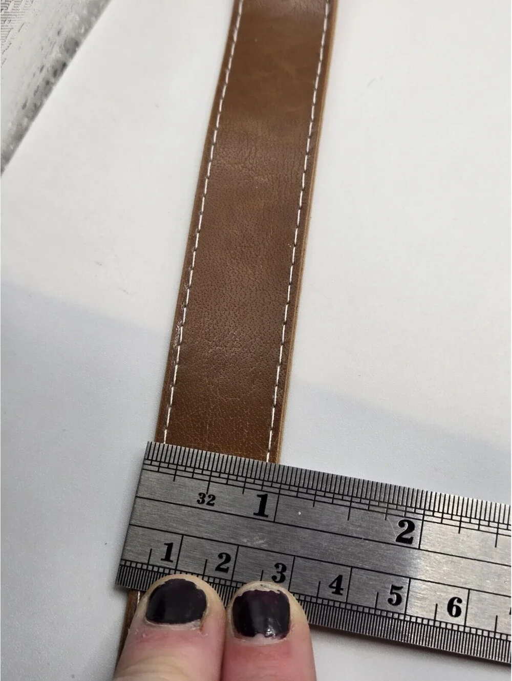 Brown Faux Leather Belt Western Antique Style Brass Color Buckle Contrast Stitch